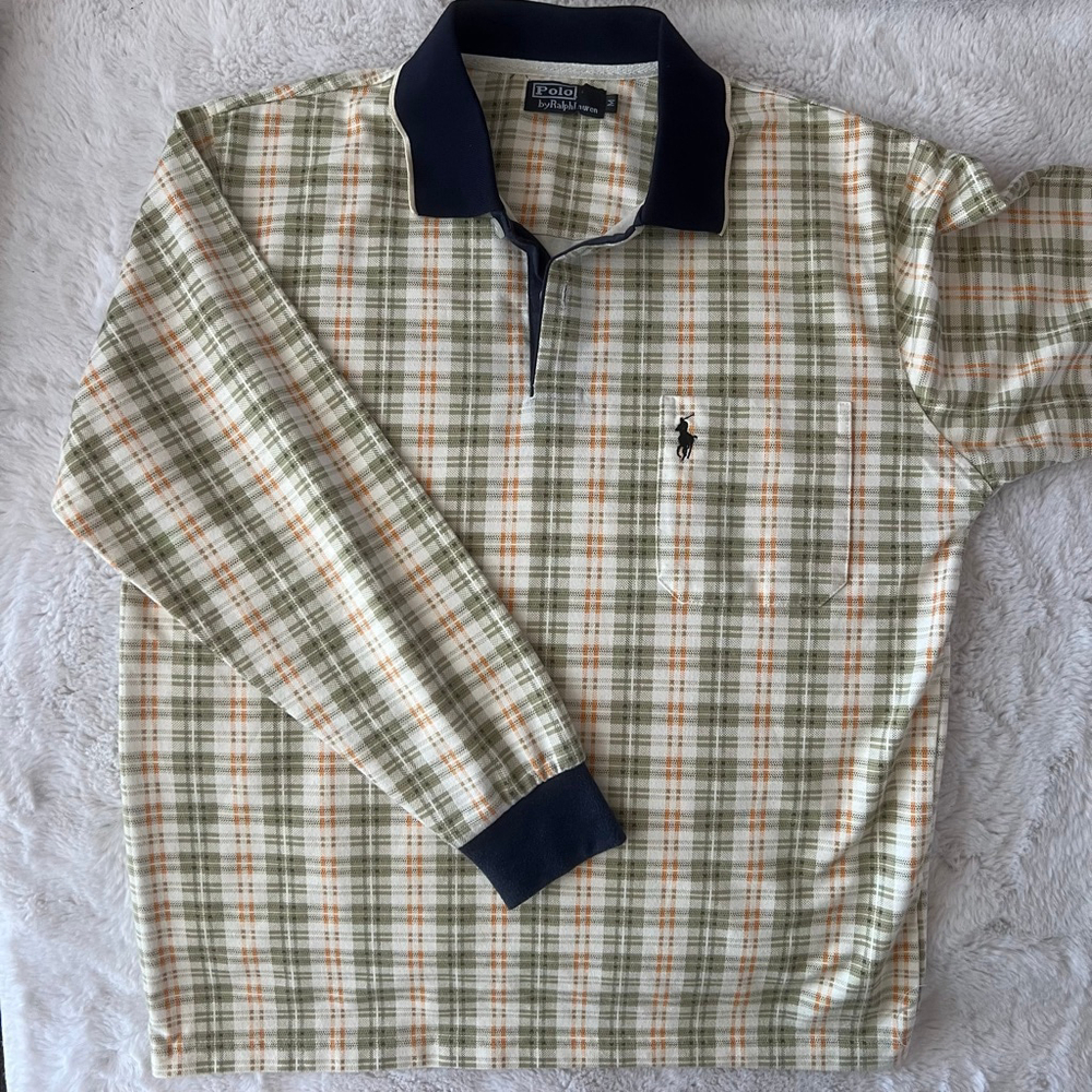 Men's 90s Embroidered Logo Pocket Polo by Ralph Lauren Plaid Polo M Green Orange